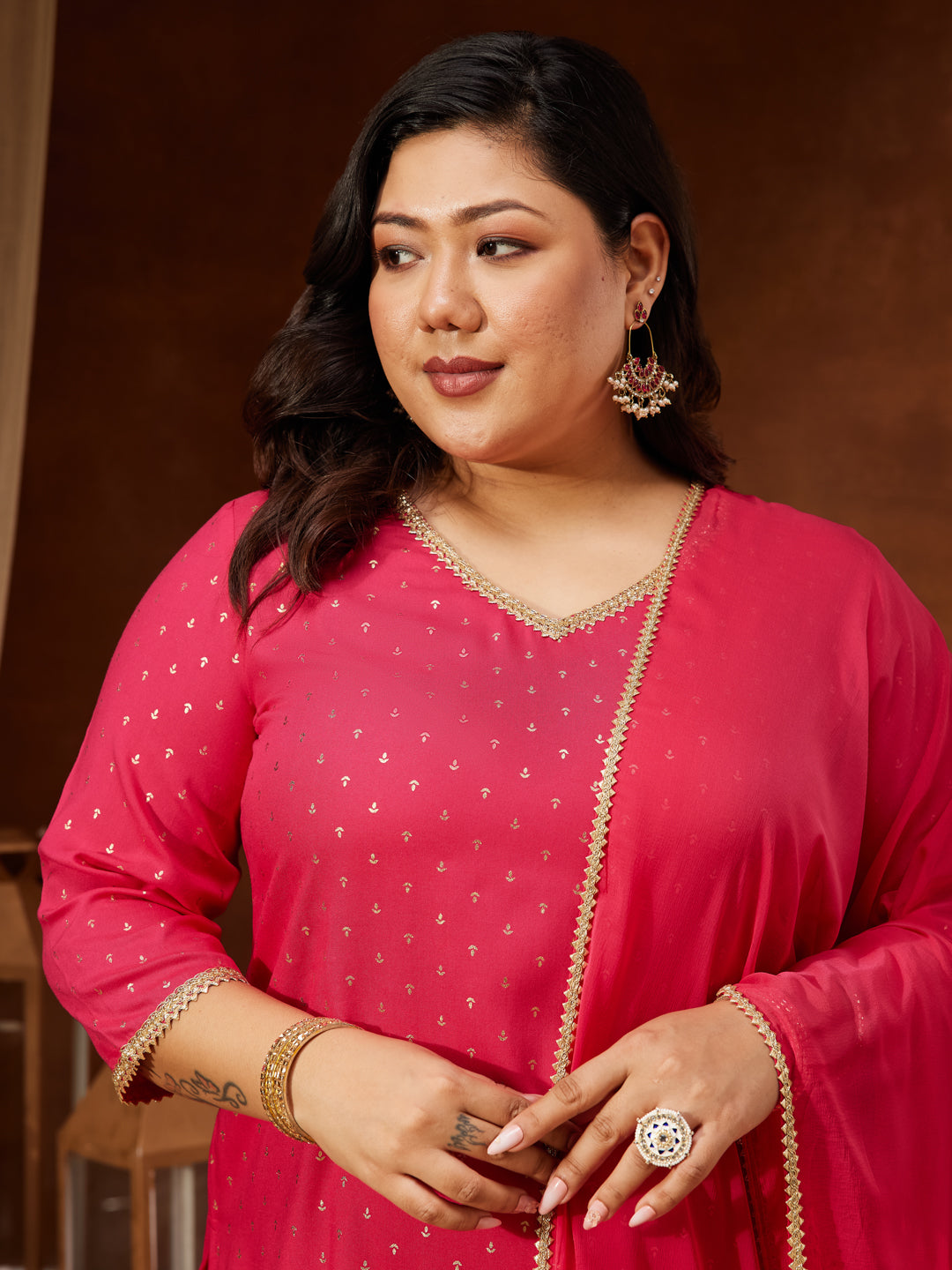 Janasya Women's Plus Size Pink Rayon Embellished Gold Printed Straight Kurta With Sharara & Dupatta Set
