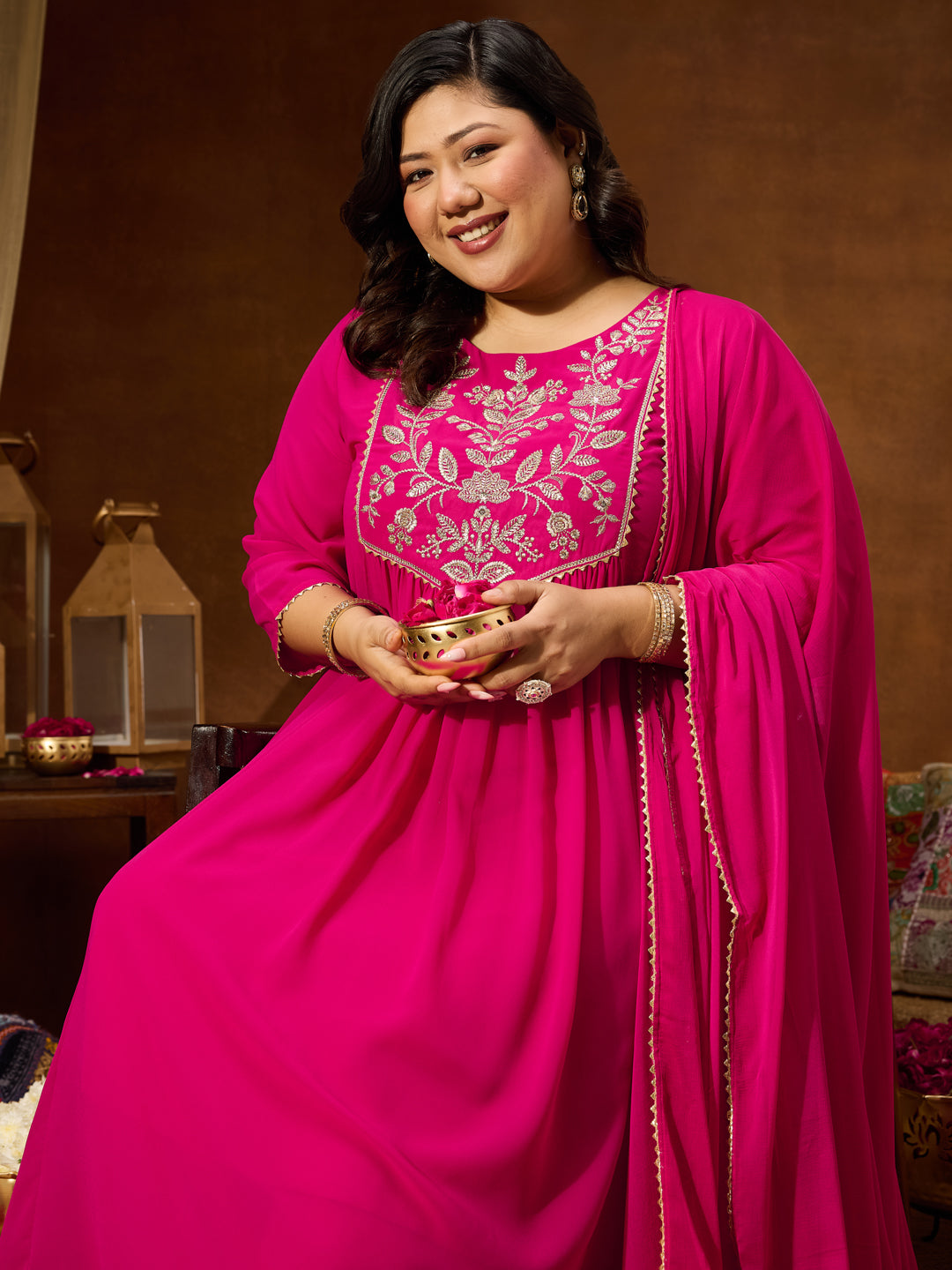 Janasya Women's Plus Size Pink Georgette Yoke Zari Embroidered A-line Kurta Set