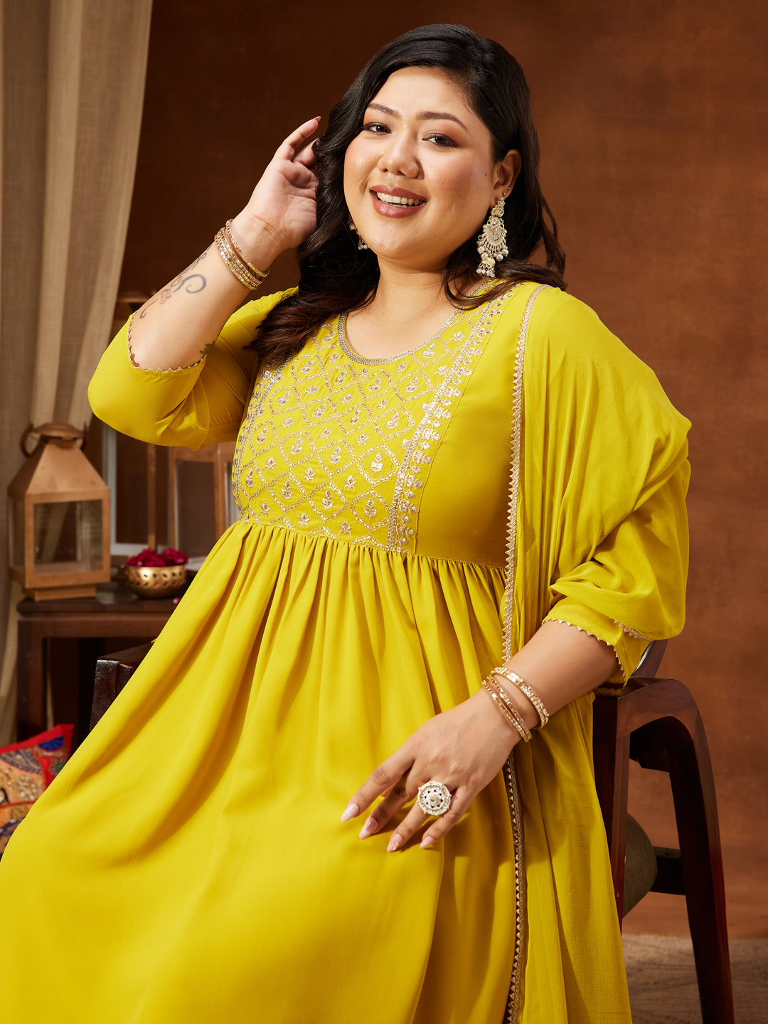 Janasya Women's Plus Size Yellow Georgette Yoke Embroidered A-line Kurta With Palazzo & Dupatta Set