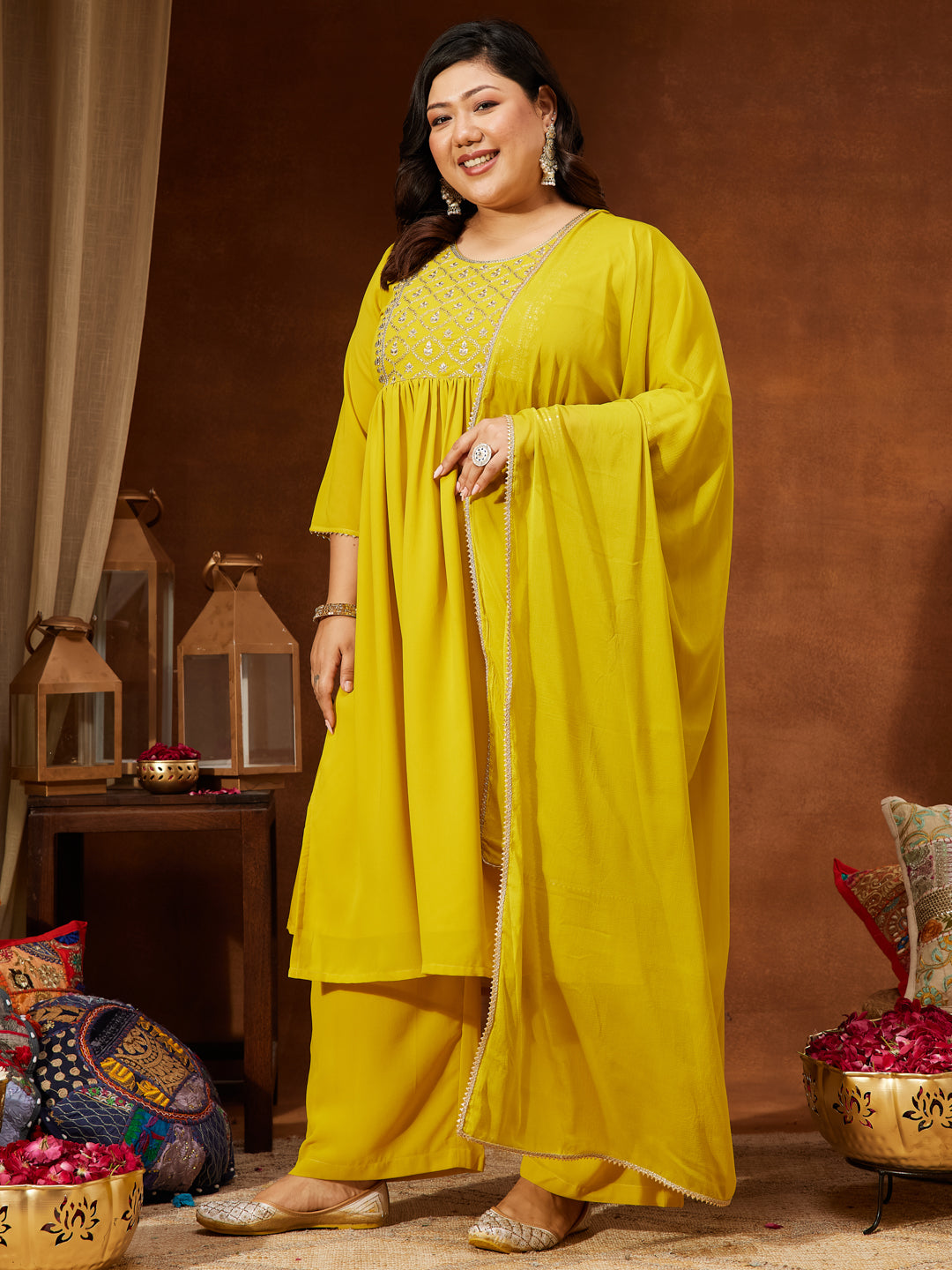 Janasya Women's Plus Size Yellow Georgette Yoke Embroidered A-line Kurta With Palazzo & Dupatta Set