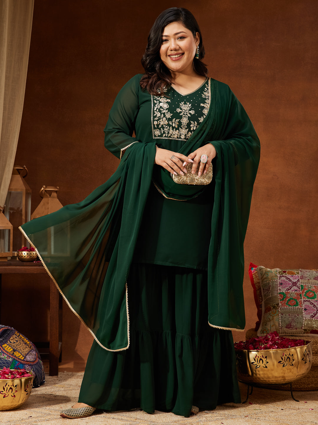 Janasya Women's Plus Size Dark Green Georgette Zari Embroidered Straight Kurti With Sharara & Dupatta Set