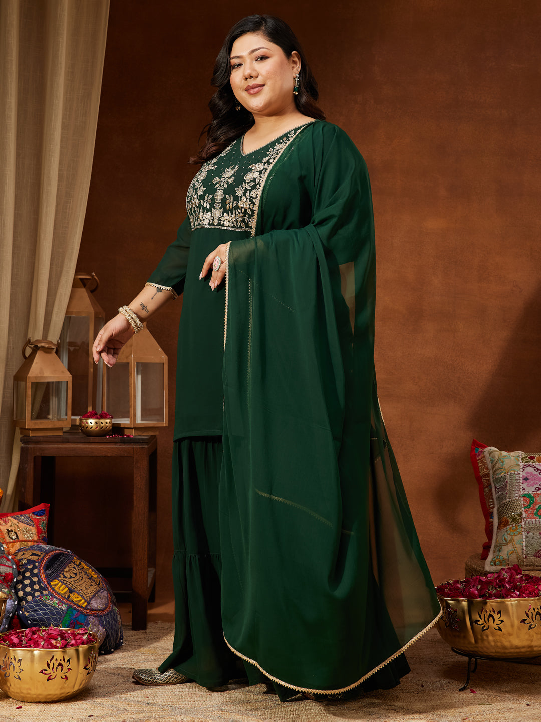 Janasya Women's Plus Size Dark Green Georgette Zari Embroidered Straight Kurti With Sharara & Dupatta Set