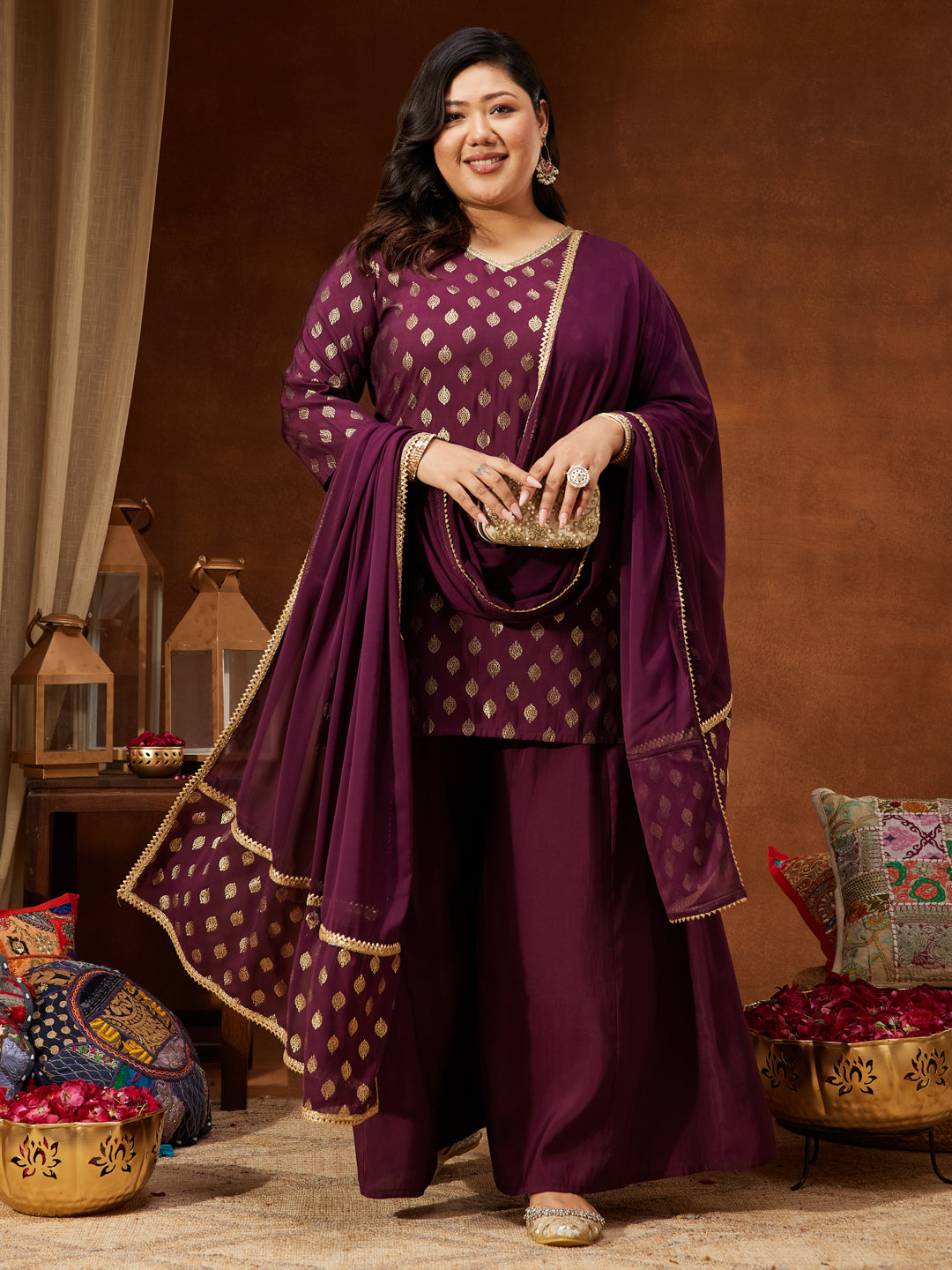 Janasya Women's Plus Size Wine Chanderi Silk Embellished Gold Printed Straight Kurta With Sharara & Dupatta Set