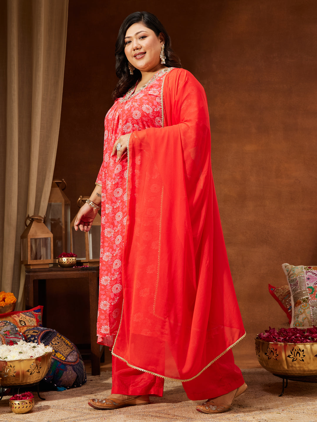 Janasya Women's Plus Size Red Georgette Embellished Floral Printed A-line Kurta Set