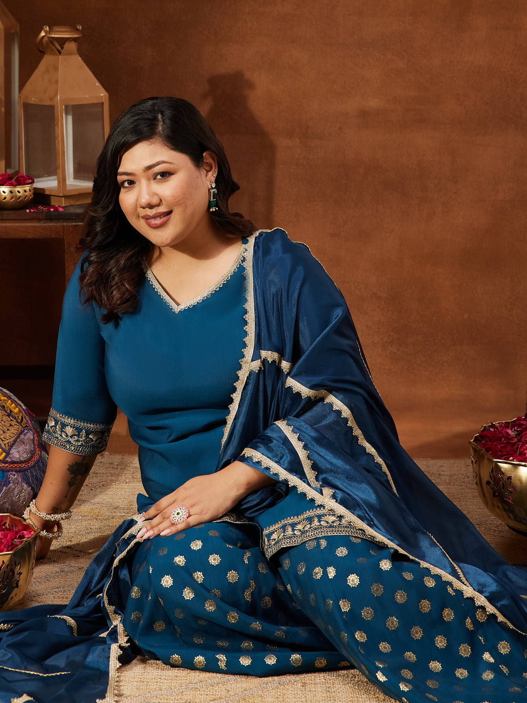 Janasya Women's Teal Blue Chanderi Silk Embellished Straight Kurta With Palazzo & Dupatta Set