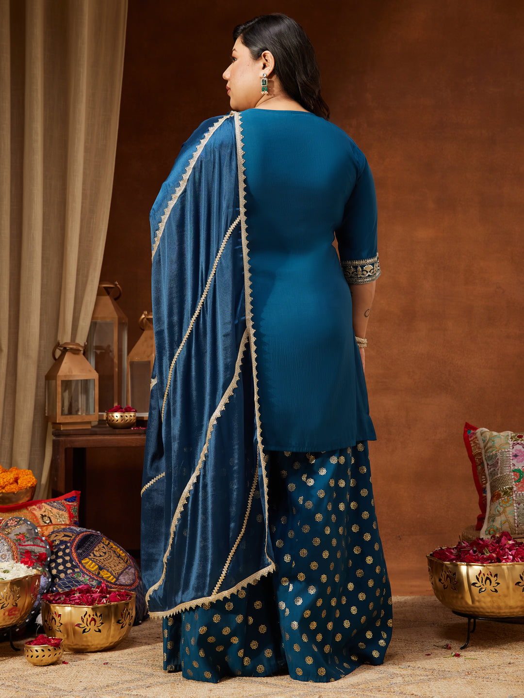 Janasya Women's Teal Blue Chanderi Silk Embellished Straight Kurta With Palazzo & Dupatta Set