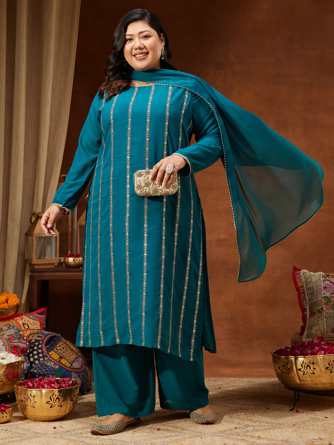 Janasya Women's Plus Size Sea Green Georgette Embellished Straight Kurta With Palazzo & Dupatta Set
