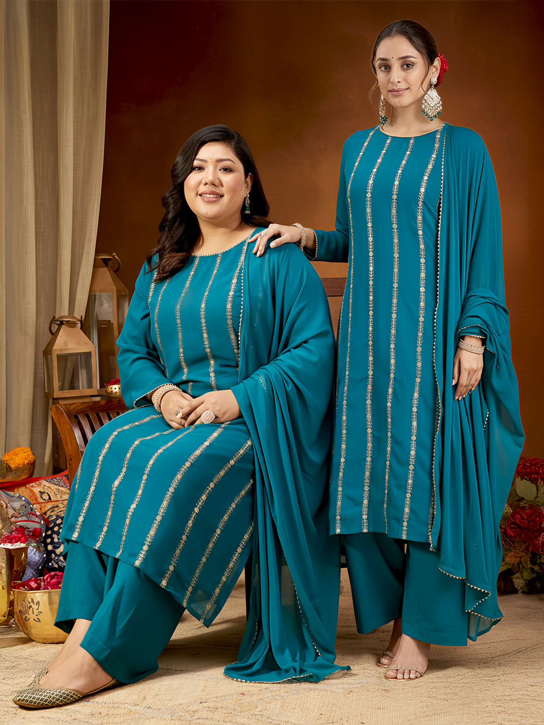 Janasya Women's Plus Size Sea Green Georgette Embellished Straight Kurta With Palazzo & Dupatta Set
