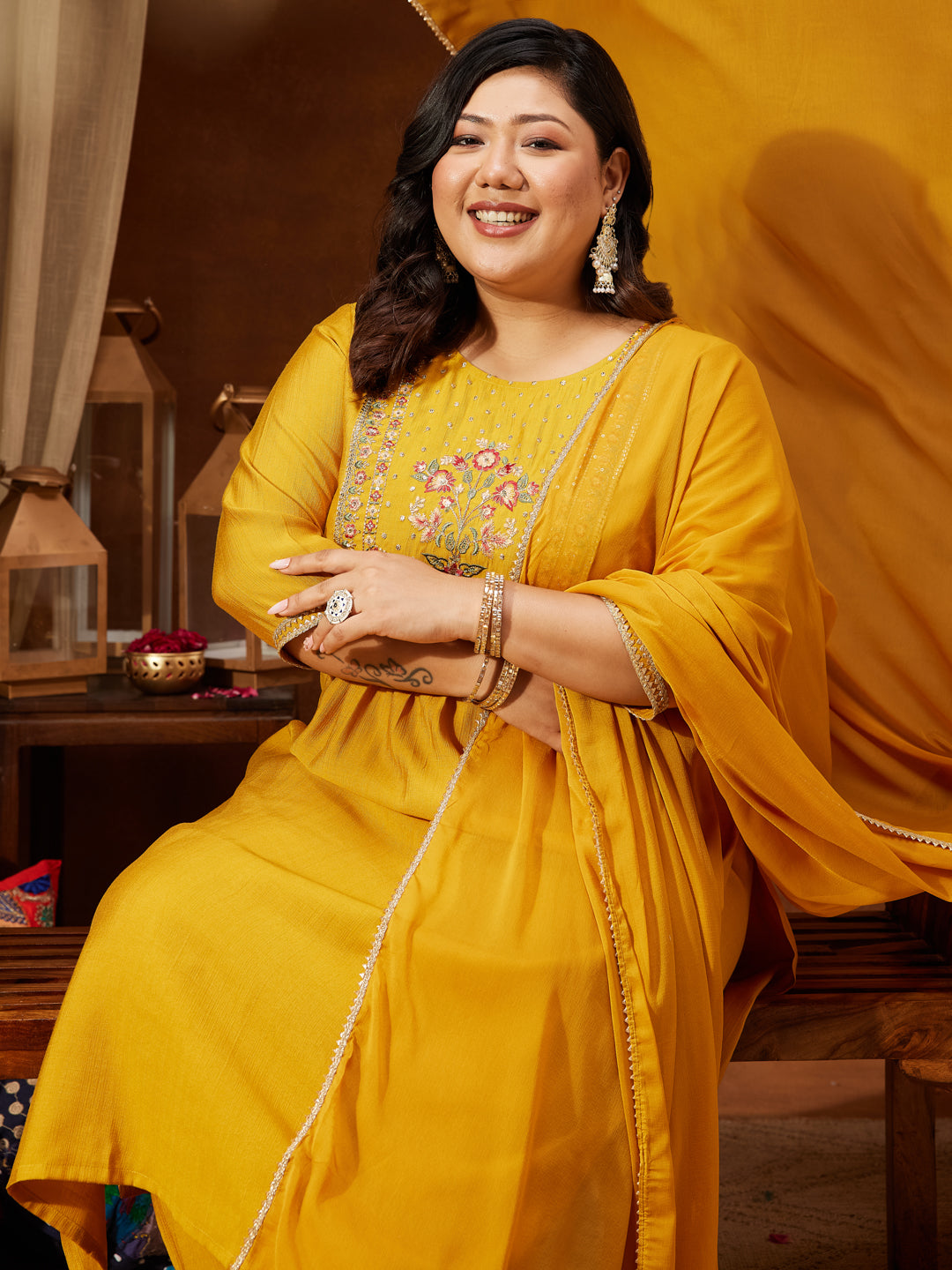 Janasya Women's Plus Size Mustard Silk Blend Embroidered Straight Kurta Set