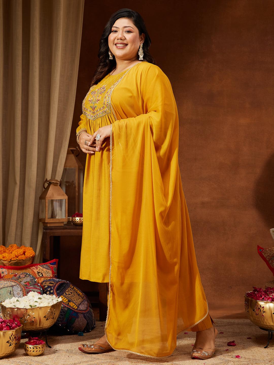 Janasya Women's Plus Size Mustard Silk Blend Embroidered Straight Kurta Set