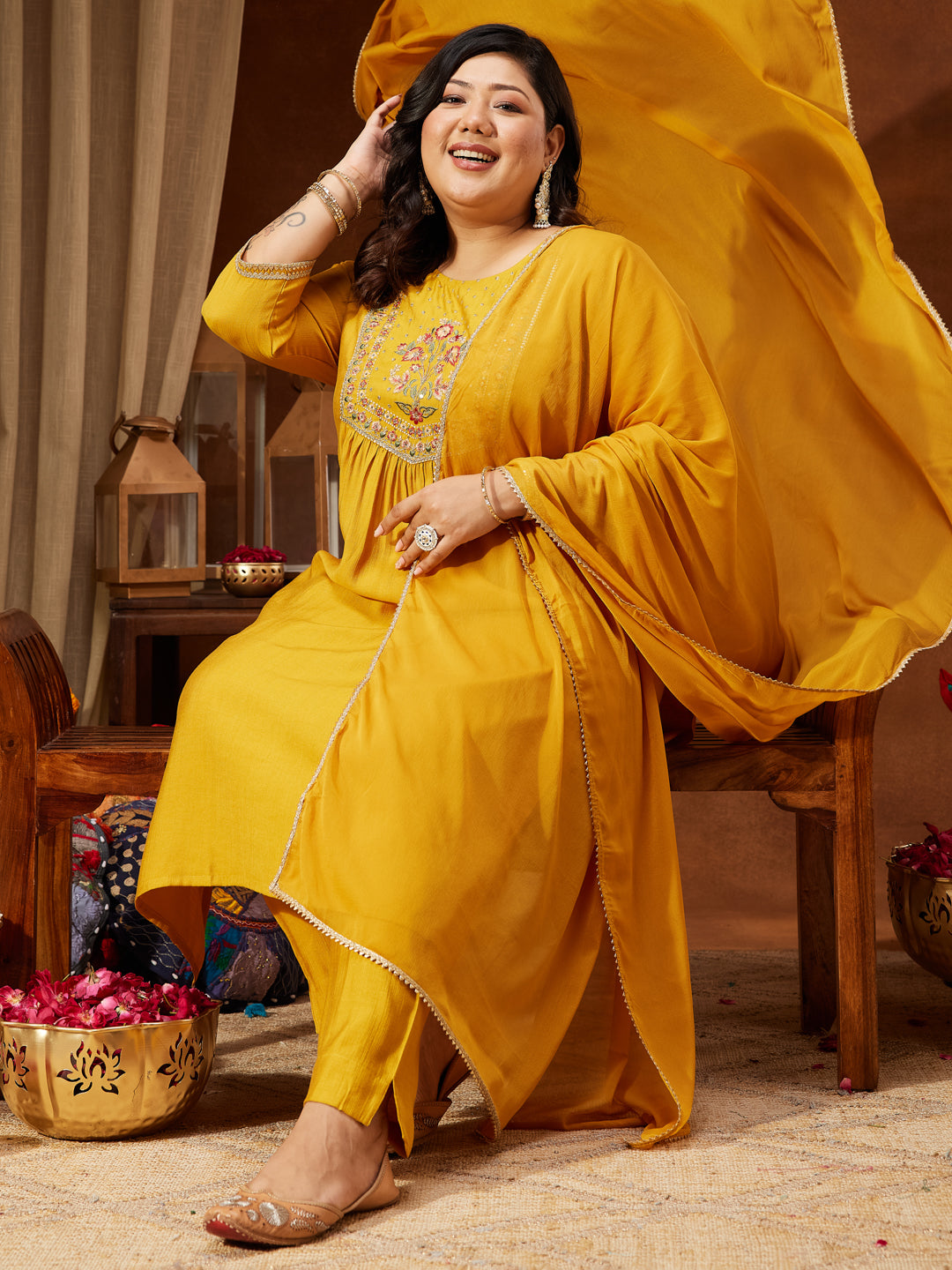 Janasya Women's Plus Size Mustard Silk Blend Embroidered Straight Kurta Set