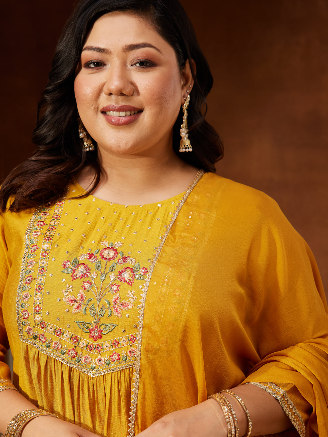 Janasya Women's Plus Size Mustard Silk Blend Embroidered Straight Kurta Set