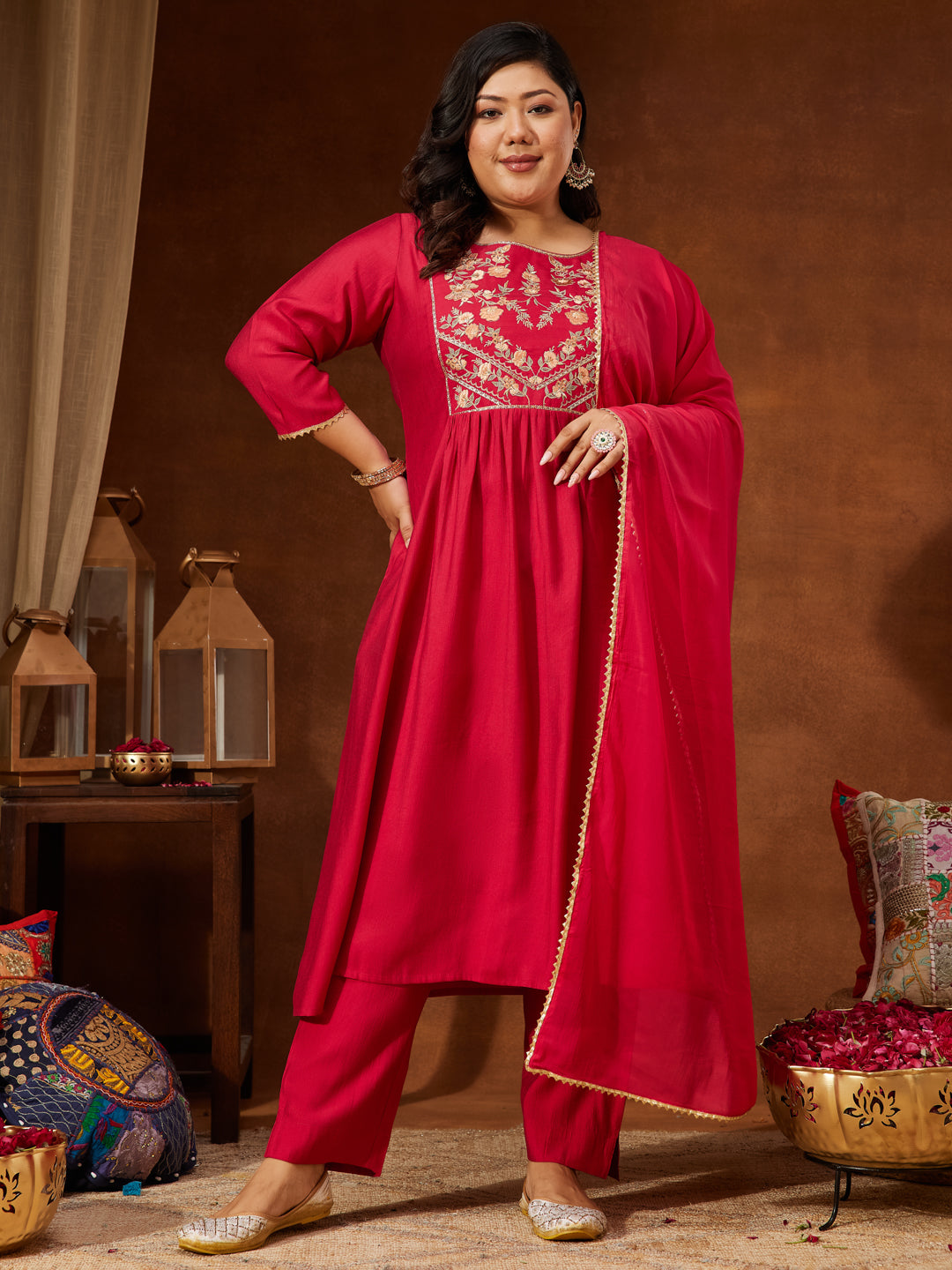 Janasya Women's Plus Size Pink Silk Blend Yoke Embroidered A-line Kurta Set