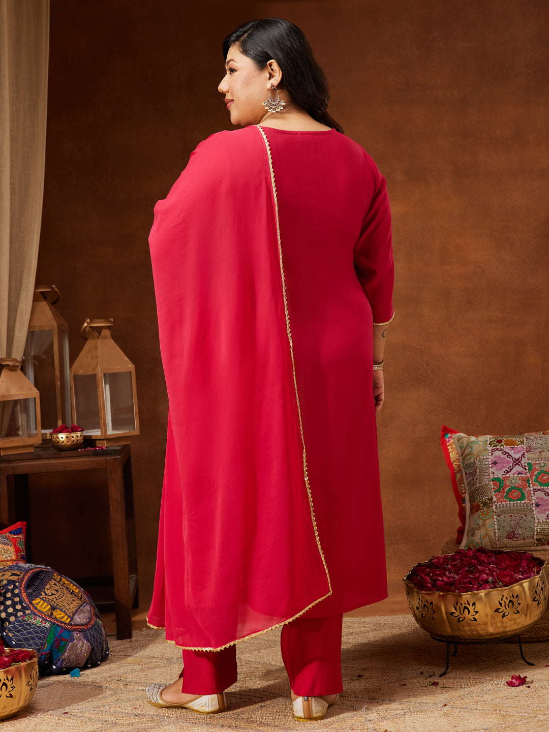 Janasya Women's Plus Size Pink Silk Blend Yoke Embroidered A-line Kurta Set