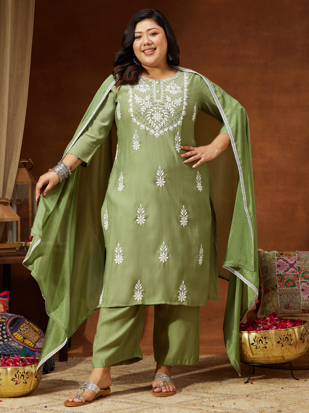 Janasya Women's Plus Size Sage Green Silk Blend Embroidered Straight Kurta Set