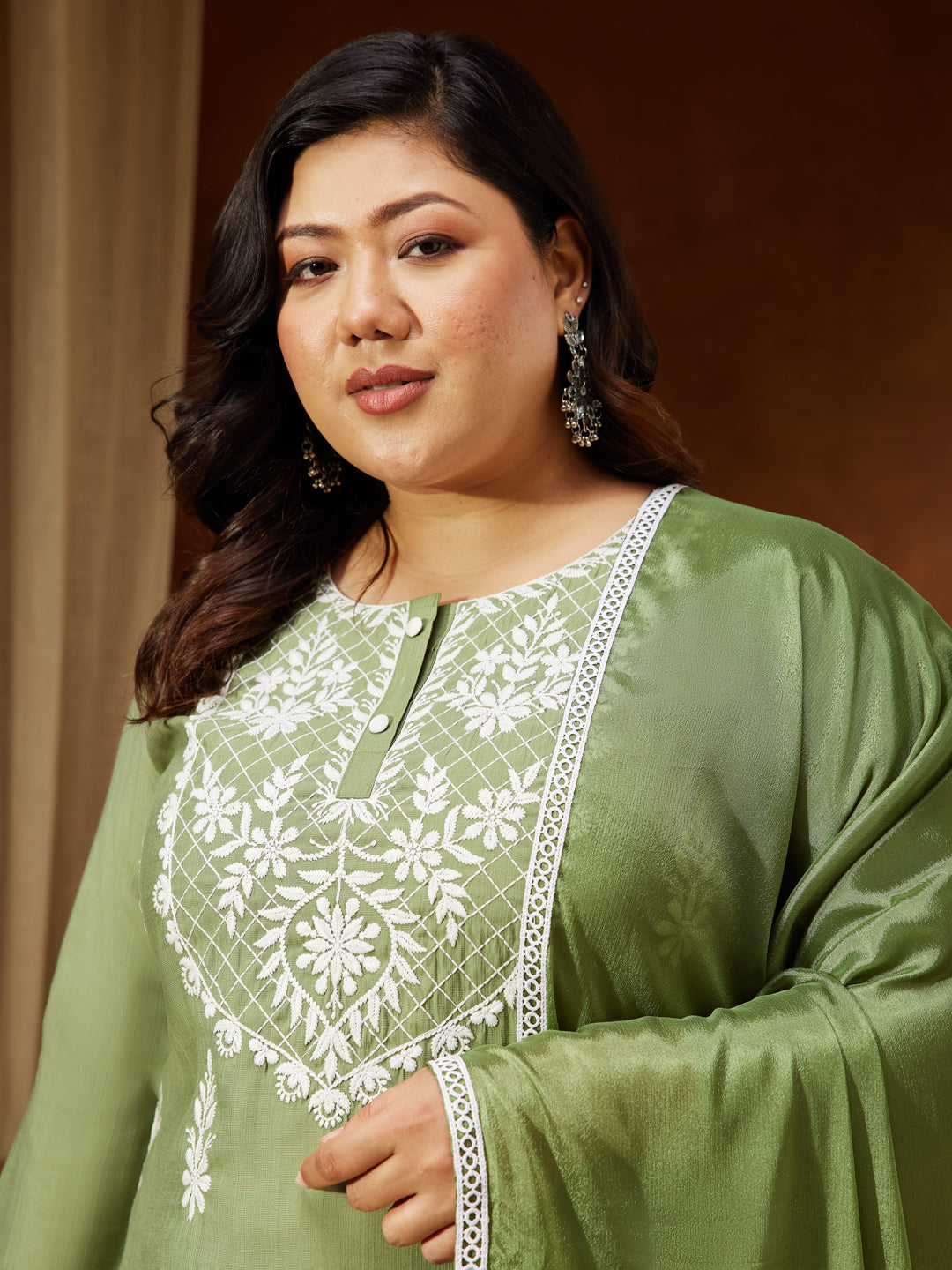 Janasya Women's Plus Size Sage Green Silk Blend Embroidered Straight Kurta Set