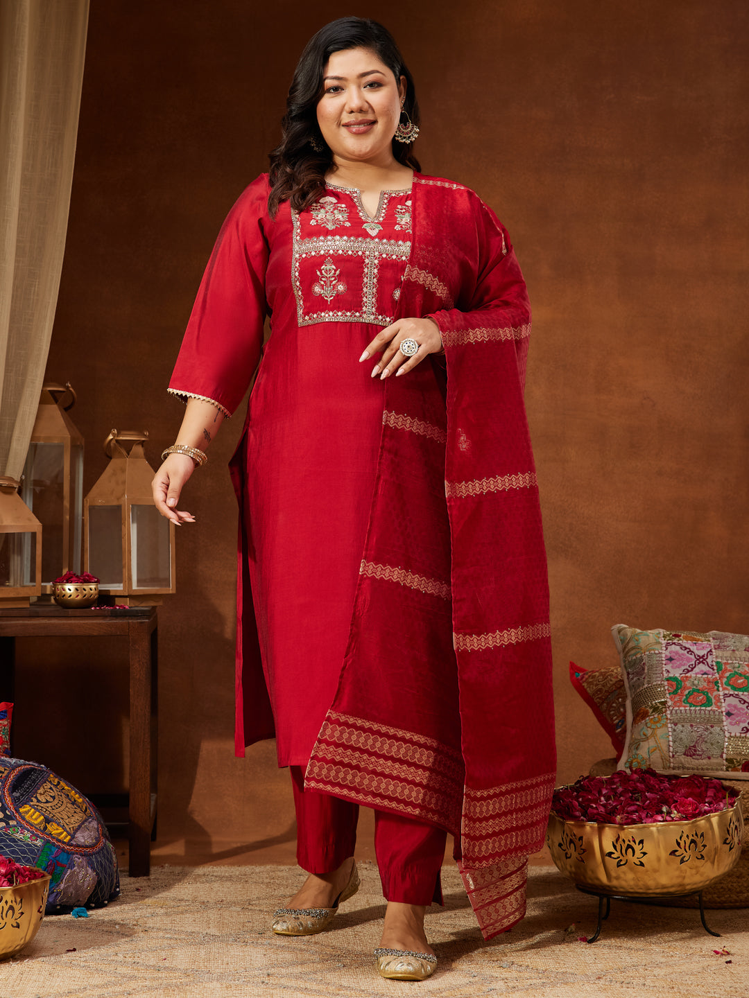 Janasya Women's Maroon Chanderi Silk Yoke Embroidered Straight Kurta Set
