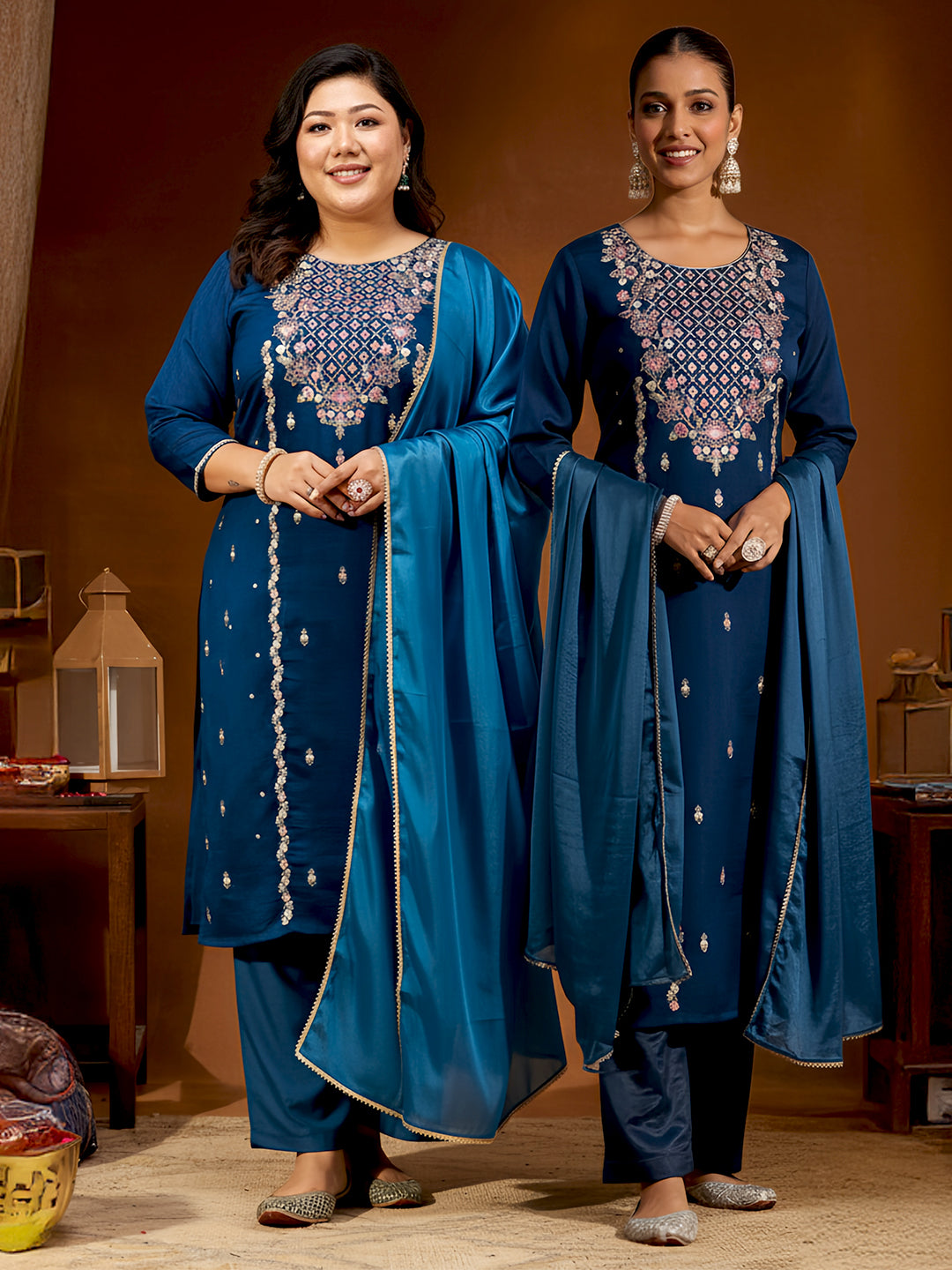 Janasya Women's Plus Size Teal Blue Silk Blend Zari Embroidered Straight Kurta Set