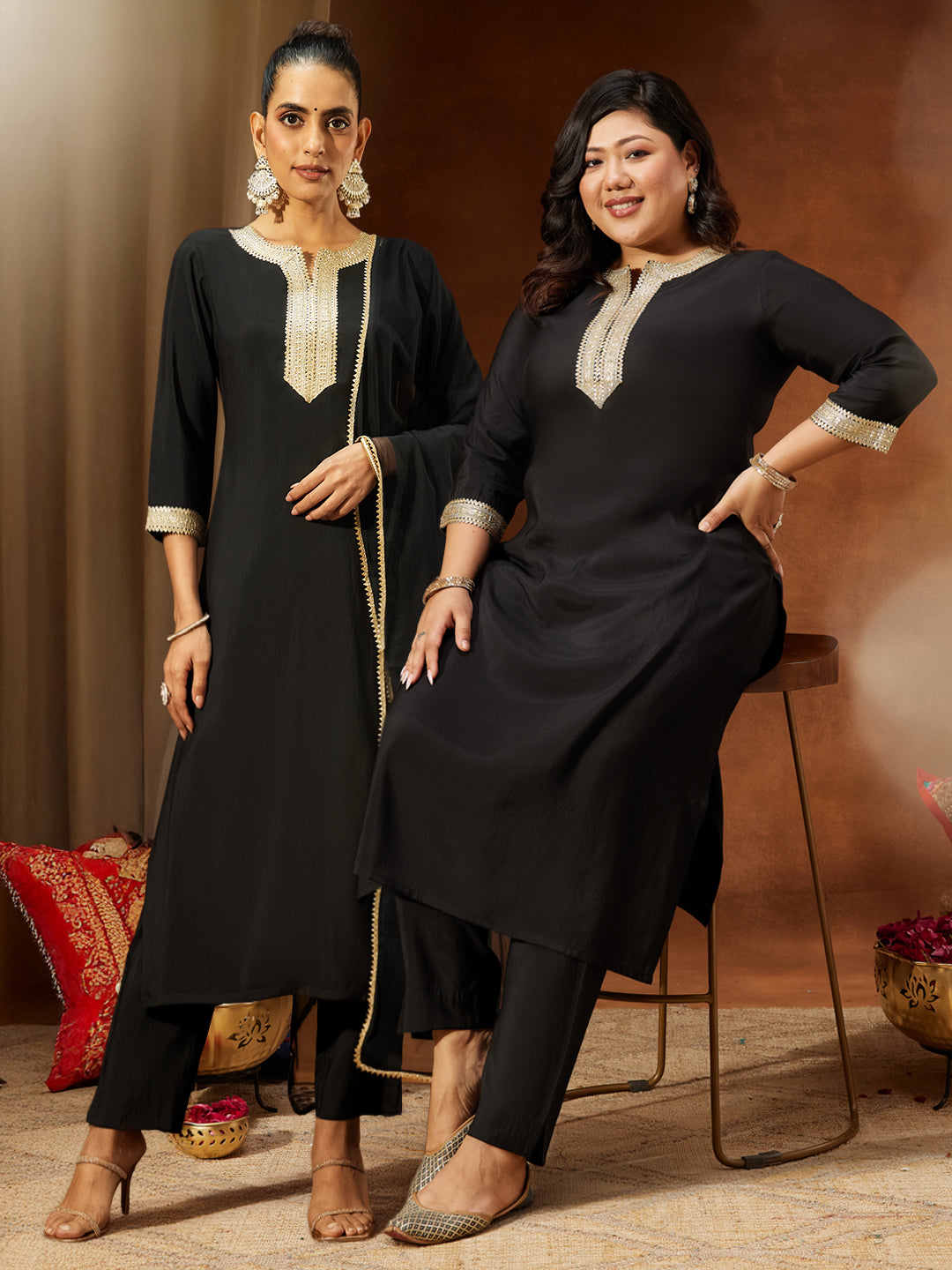 Janasya Women's Black Chanderi Silk Yoke Design Straight Kurta Set