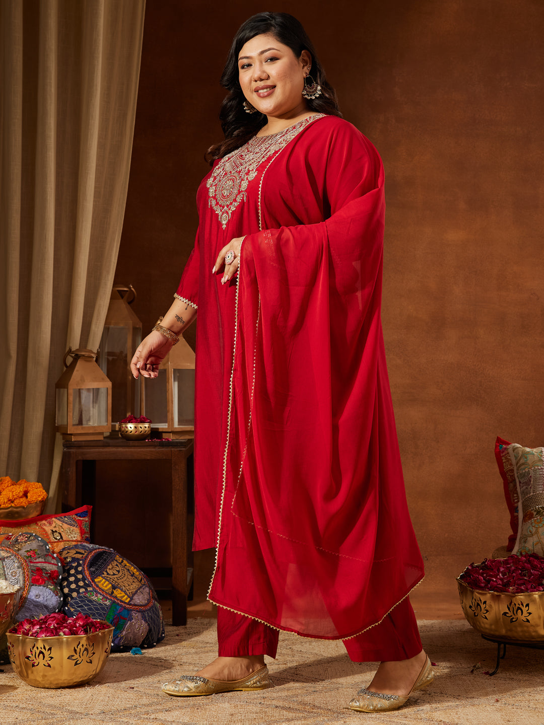 Janasya Women's Plus Size Maroon Chanderi Silk Yoke Embroidered Straight Kurta Set
