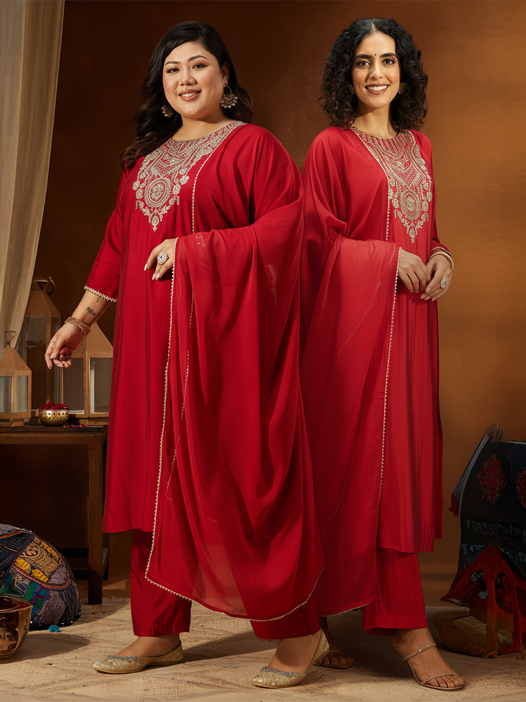 Janasya Women's Plus Size Maroon Chanderi Silk Yoke Embroidered Straight Kurta Set