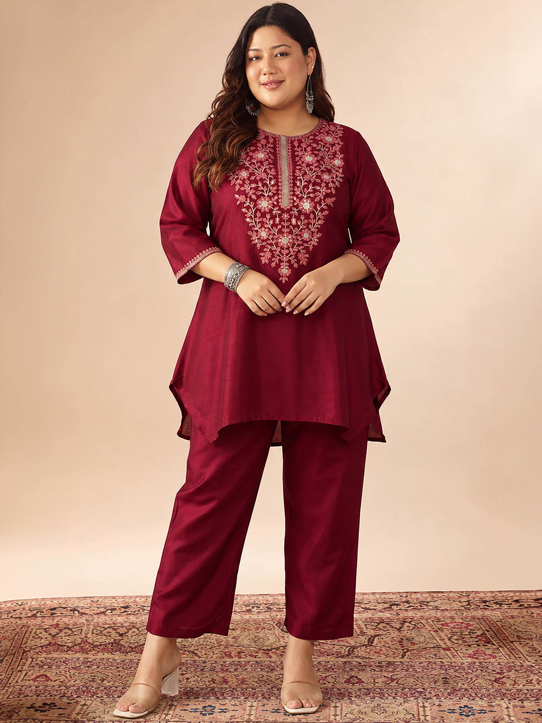 Janasya Women's Plus Size Maroon Silk Blend Floral Sequins Zari Yoke Embroidered A-Line Co-Ord Set