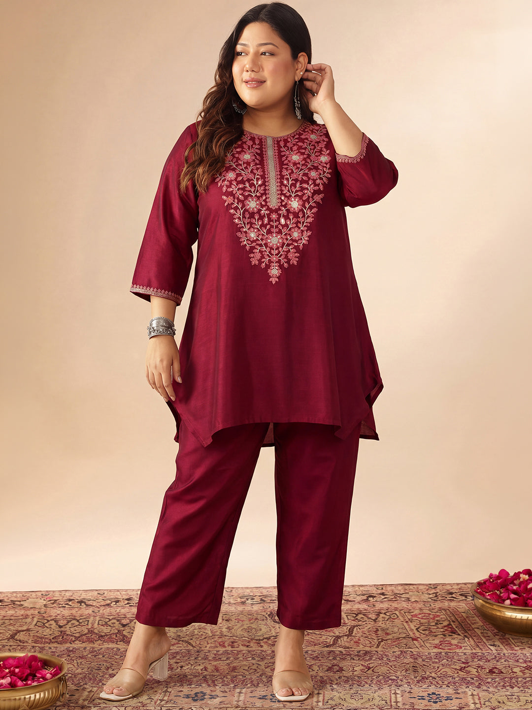 Janasya Women's Plus Size Maroon Silk Blend Floral Sequins Zari Yoke Embroidered A-Line Co-Ord Set