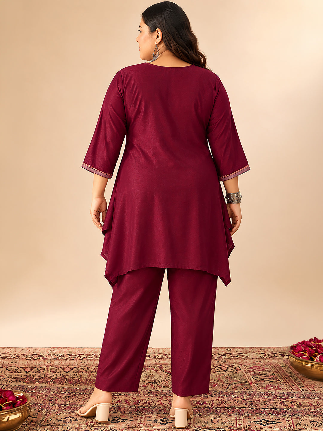Janasya Women's Plus Size Maroon Silk Blend Floral Sequins Zari Yoke Embroidered A-Line Co-Ord Set