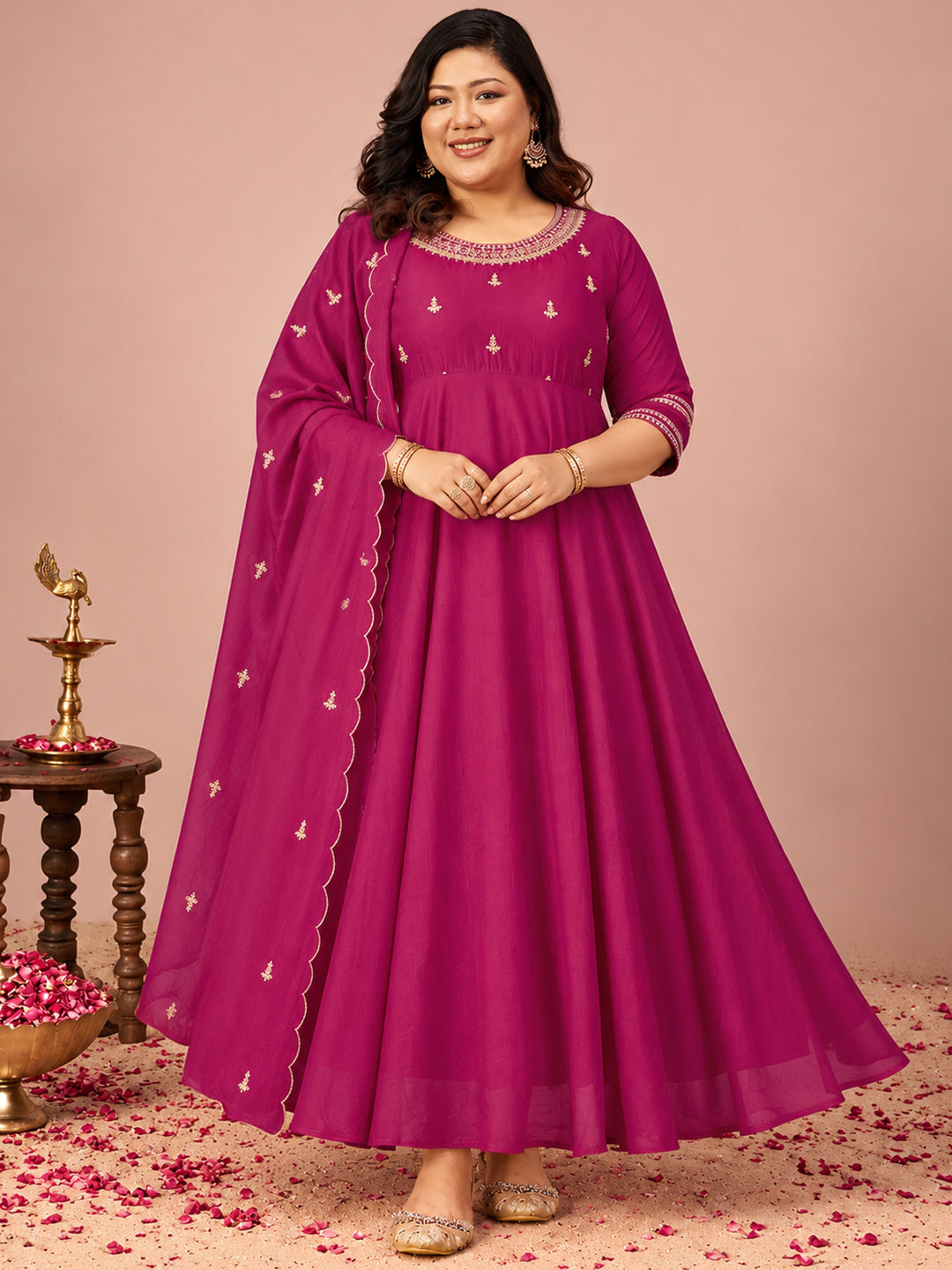 Janasya Women's Plus Size Pink Silk Blend Floral Sequins and Zari Yoke Embroidered A-Line Gown with Dupatta Set
