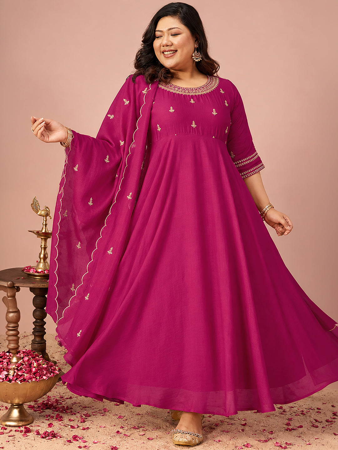 Janasya Women's Plus Size Pink Silk Blend Floral Sequins and Zari Yoke Embroidered A-Line Gown with Dupatta Set