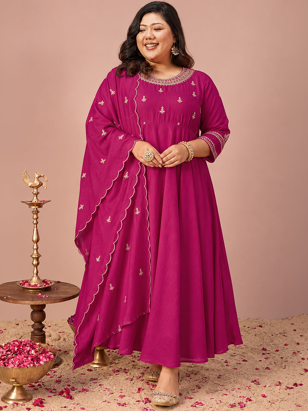 Janasya Women's Plus Size Pink Silk Blend Floral Sequins and Zari Yoke Embroidered A-Line Gown with Dupatta Set