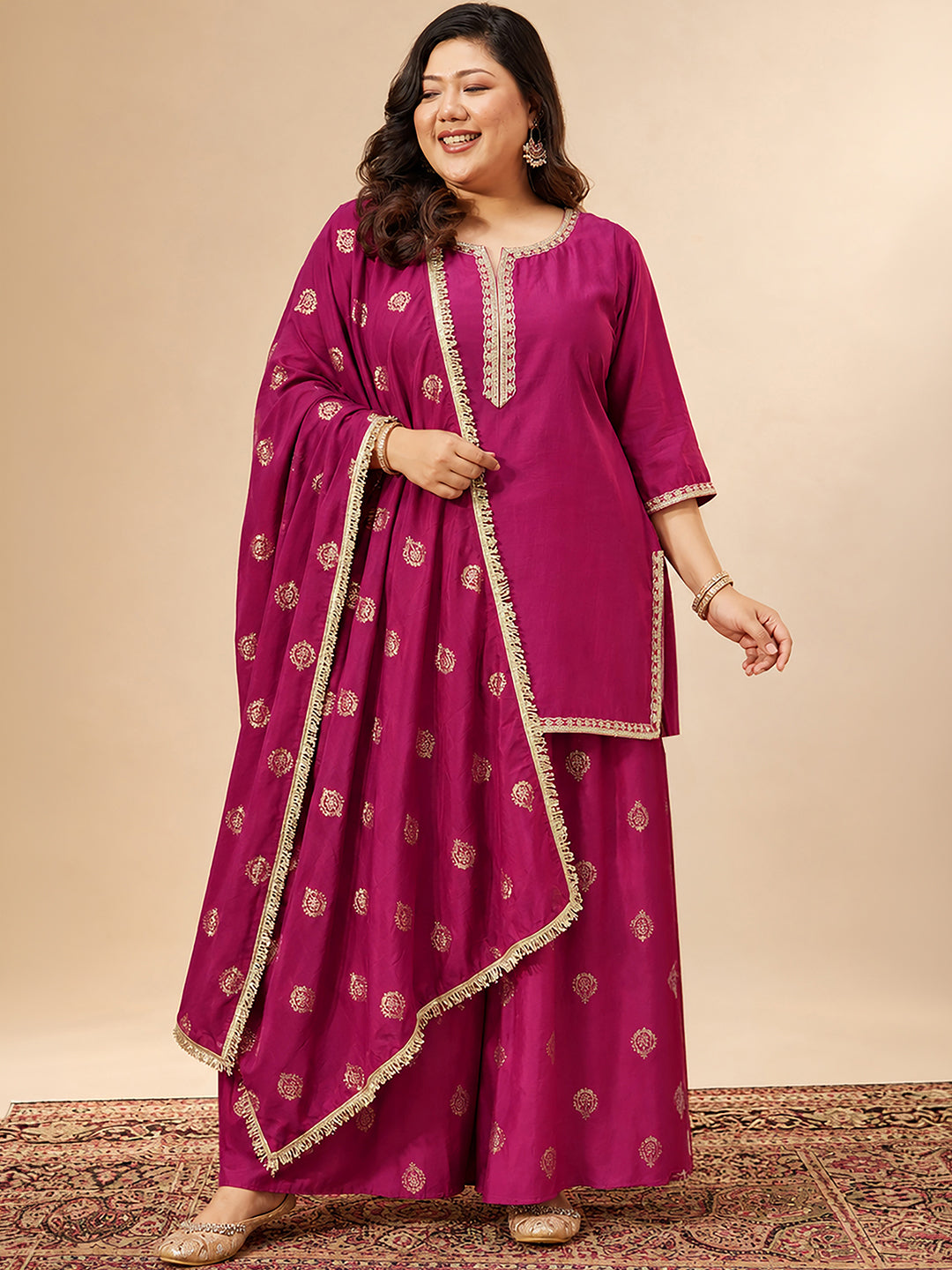 Janasya Women's Plus Size Magenta Muslin Zari Embroidered Foil Printed Straight Kurta with Palazzo And Dupatta Set