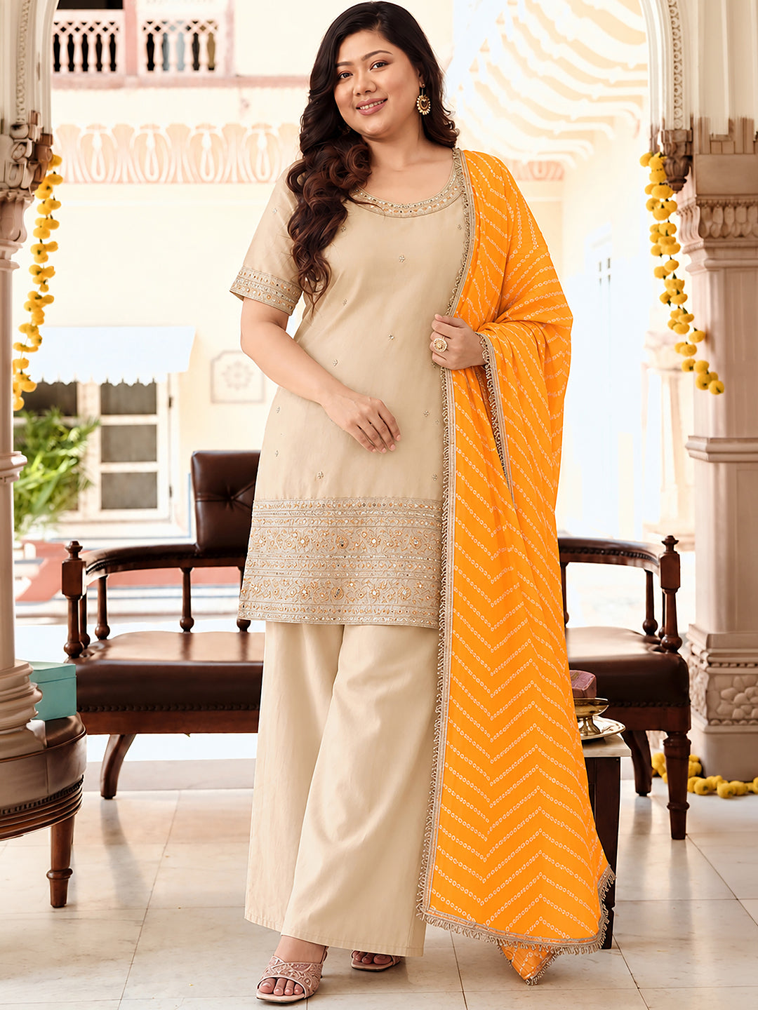 Janasya Women's Plus Size Beige Silk Blend Zari Embroidered Straight Kurta with Palazzo & Bandhani Printed Dupatta Set
