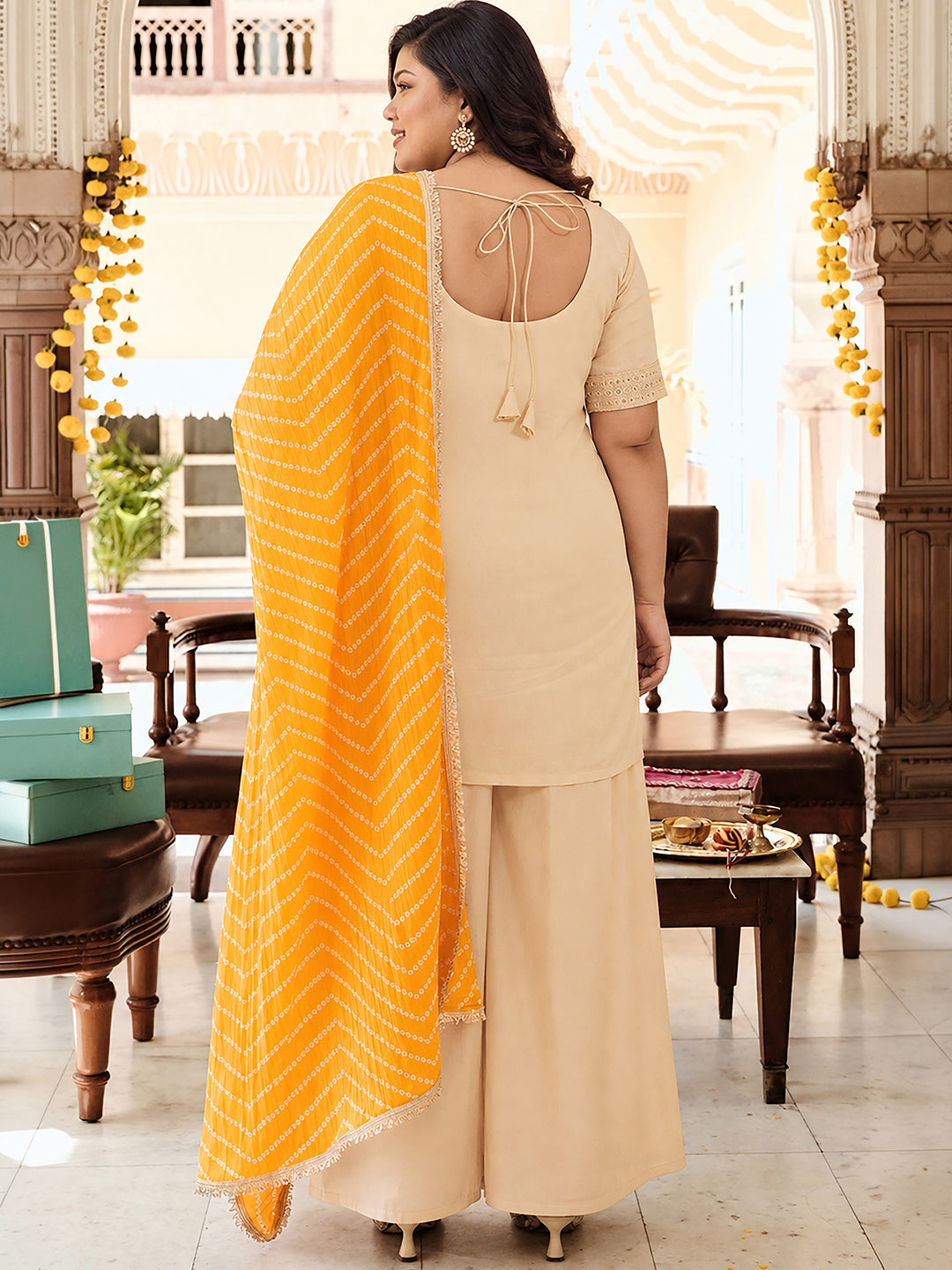 Janasya Women's Plus Size Beige Silk Blend Zari Embroidered Straight Kurta with Palazzo & Bandhani Printed Dupatta Set