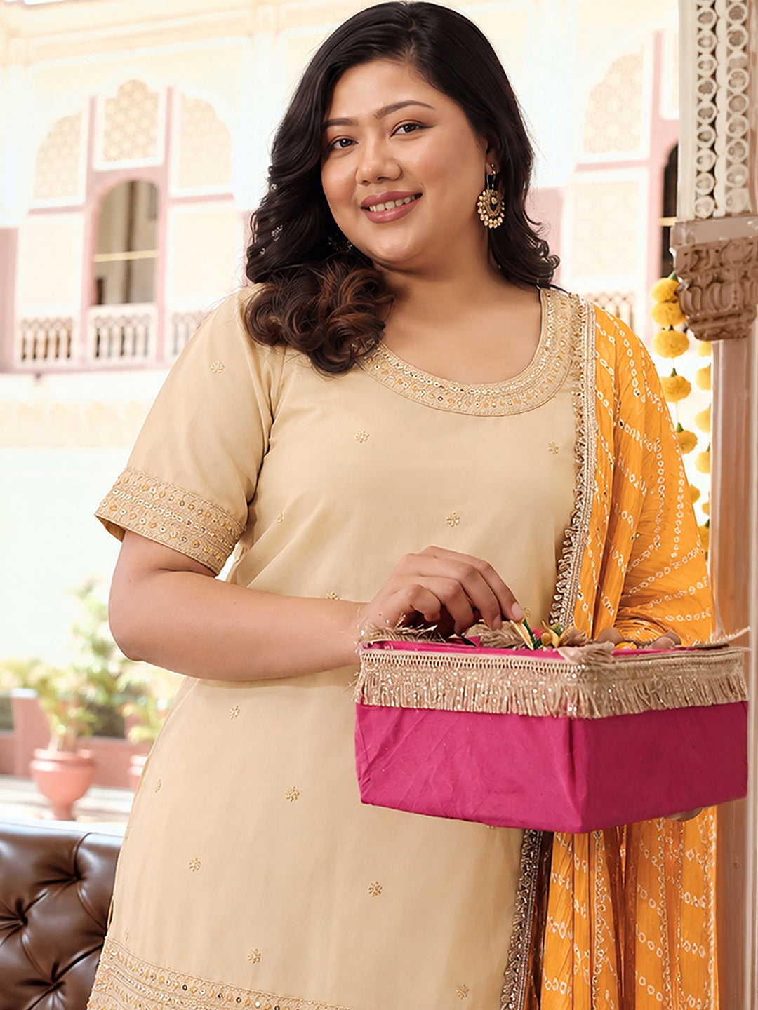Janasya Women's Plus Size Beige Silk Blend Zari Embroidered Straight Kurta with Palazzo & Bandhani Printed Dupatta Set