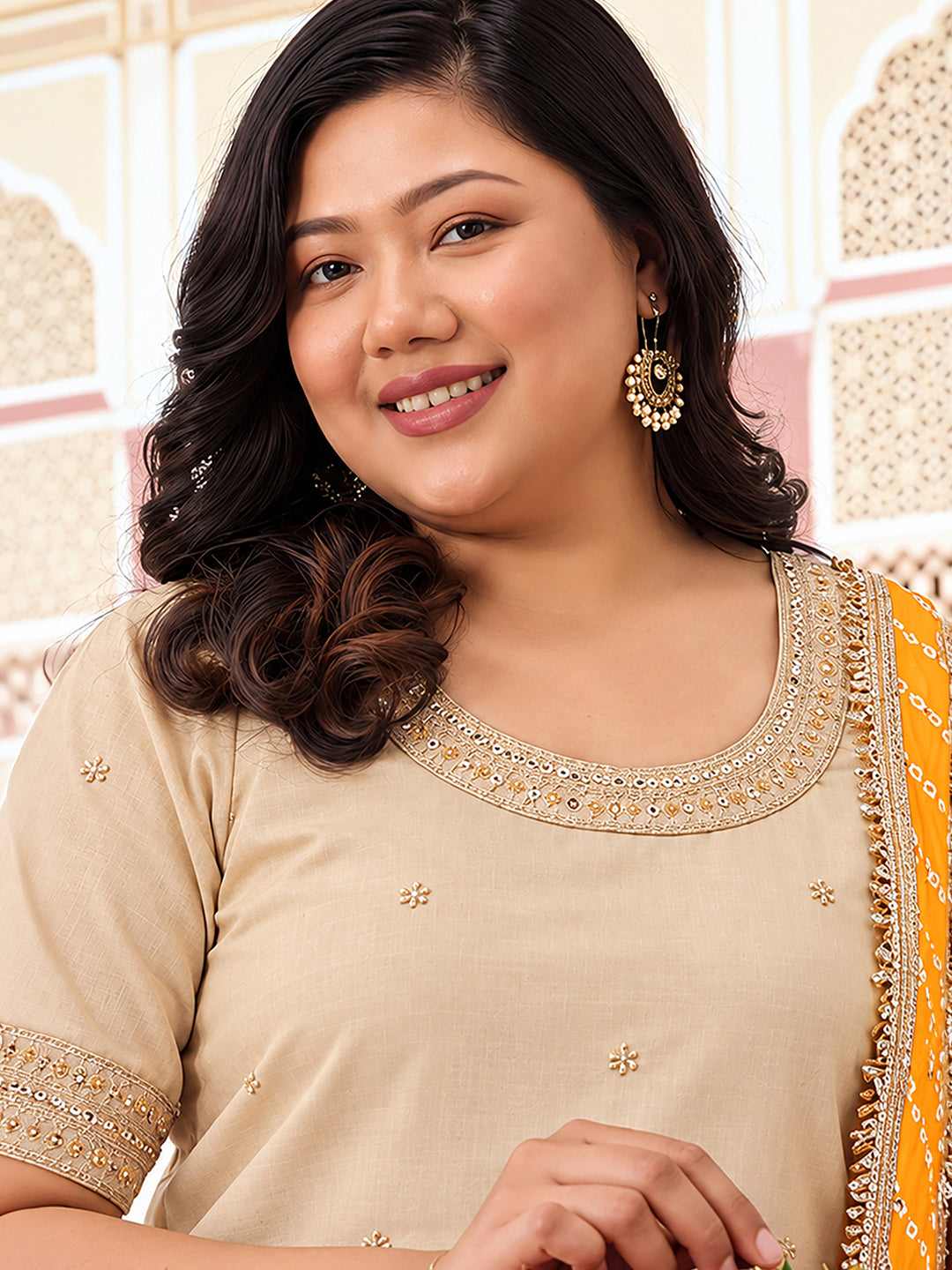 Janasya Women's Plus Size Beige Silk Blend Zari Embroidered Straight Kurta with Palazzo & Bandhani Printed Dupatta Set