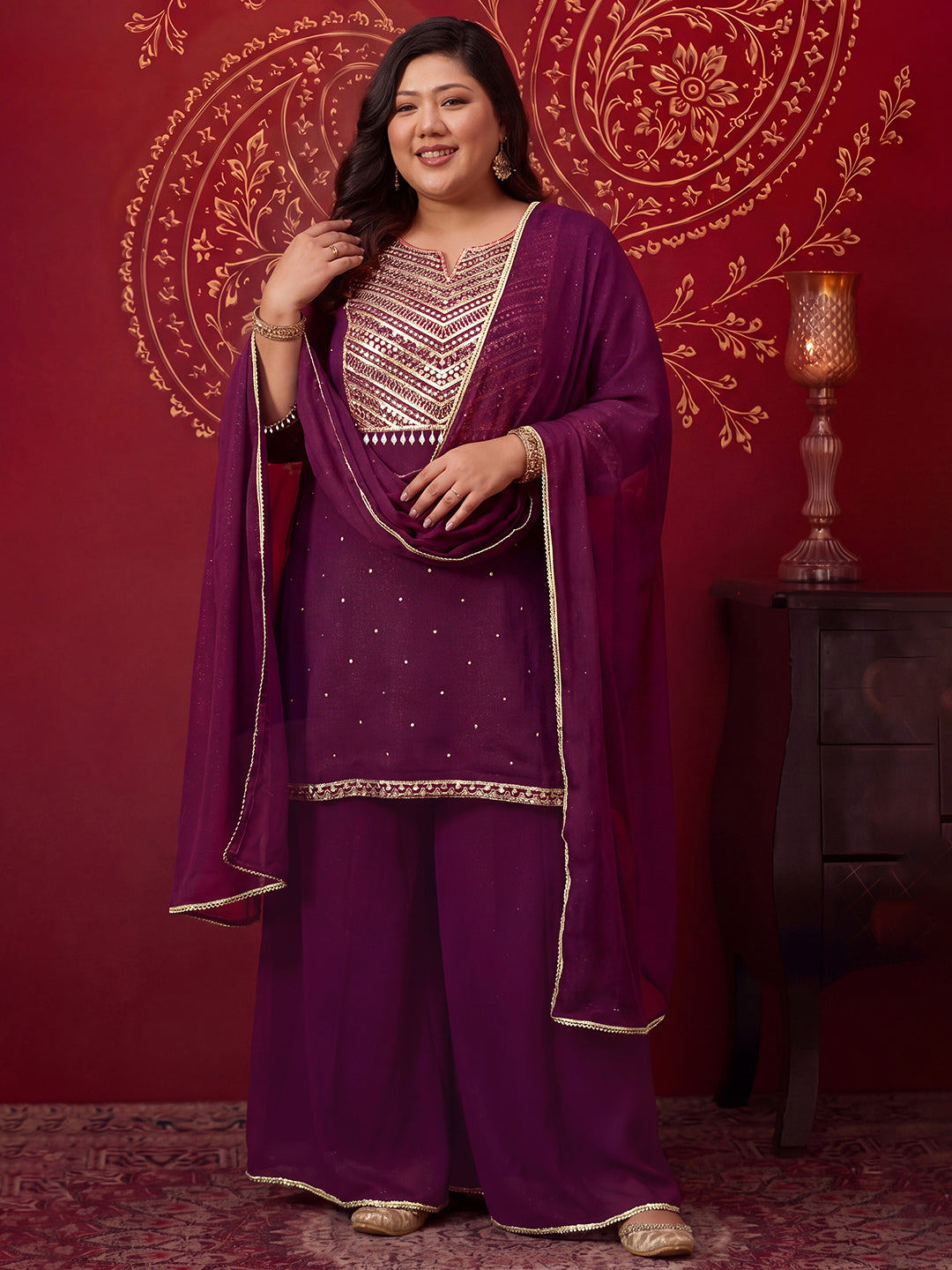 Janasya Women's Plus Size Wine Georgette Embellished Foil Printed Straight Kurta with Palazzo and Dupatta Set