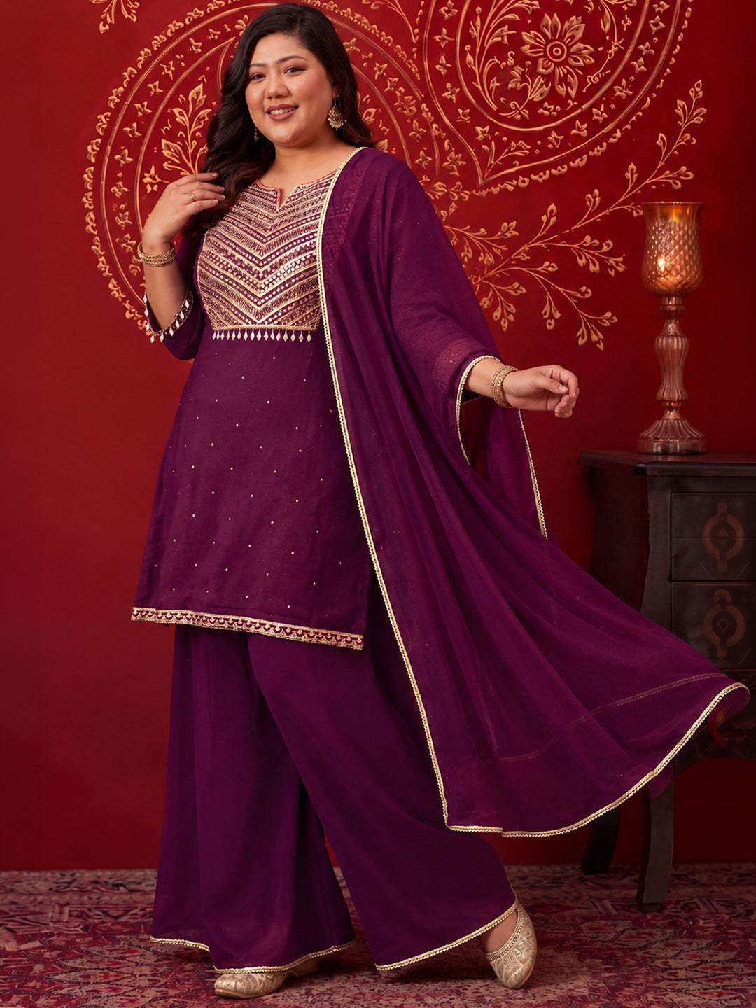 Janasya Women's Plus Size Wine Georgette Embellished Foil Printed Straight Kurta with Palazzo and Dupatta Set