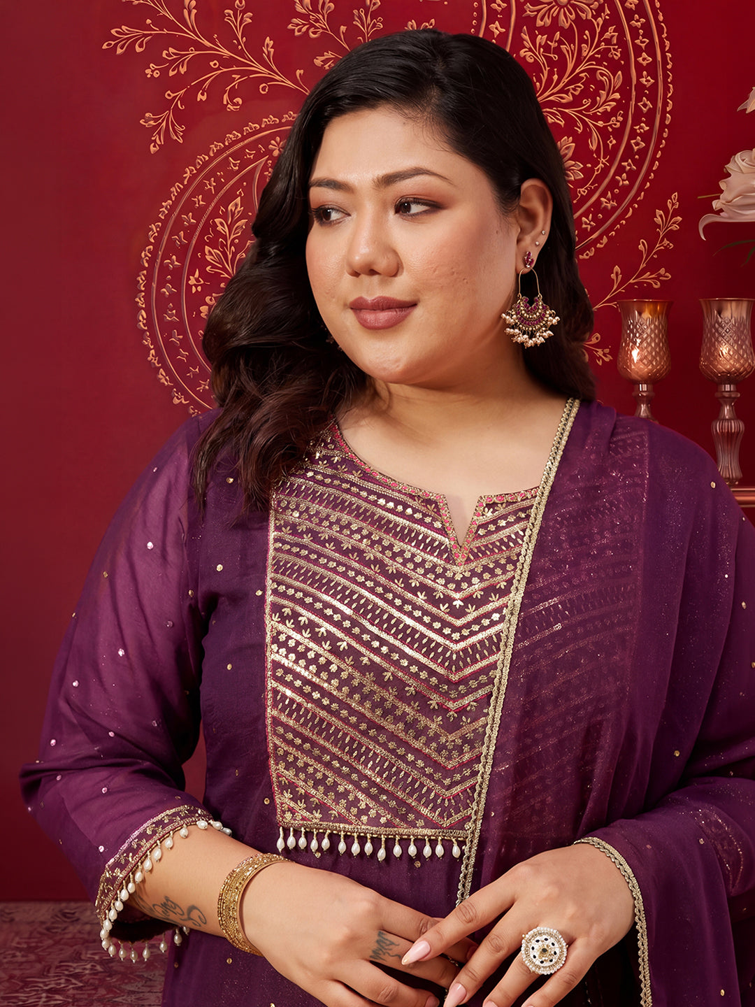 Janasya Women's Plus Size Wine Georgette Embellished Foil Printed Straight Kurta with Palazzo and Dupatta Set