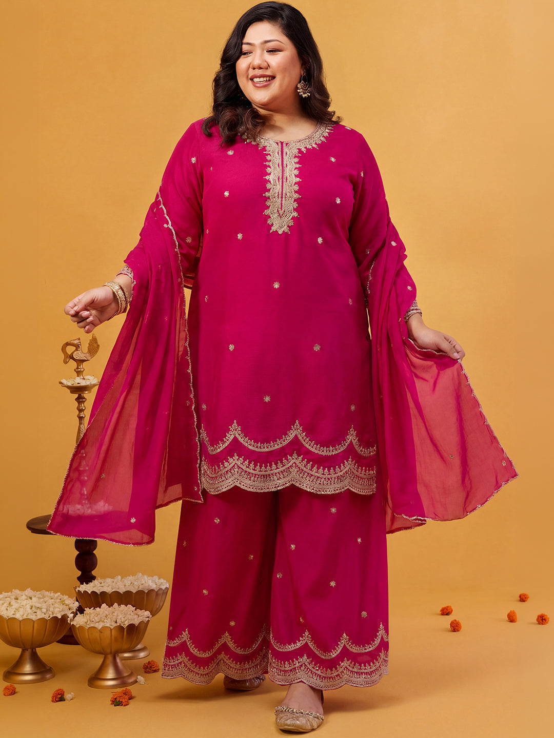 Janasya Women's Plus Size Pink Silk Blend Zari Embroidered Straight Kurta with Palazzo and Dupatta Set