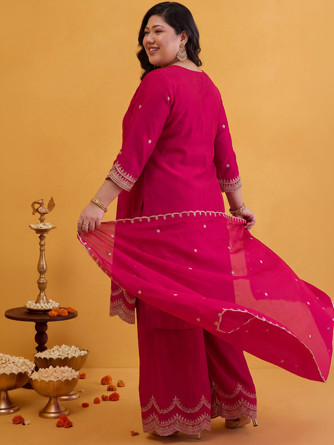 Janasya Women's Plus Size Pink Silk Blend Zari Embroidered Straight Kurta with Palazzo and Dupatta Set