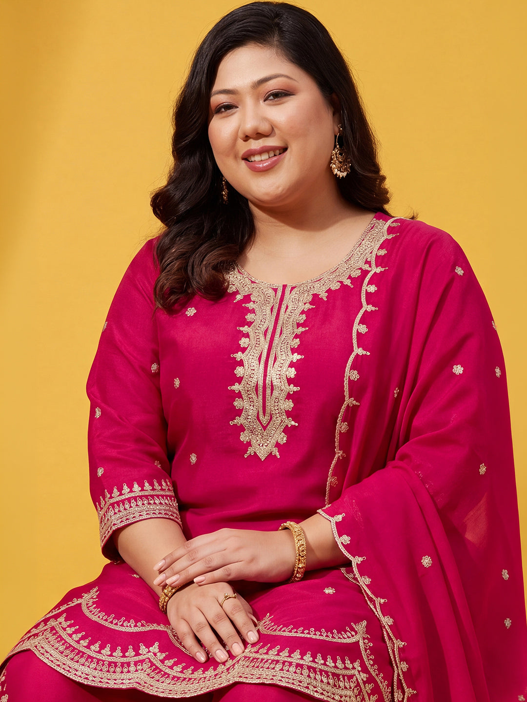 Janasya Women's Plus Size Pink Silk Blend Zari Embroidered Straight Kurta with Palazzo and Dupatta Set