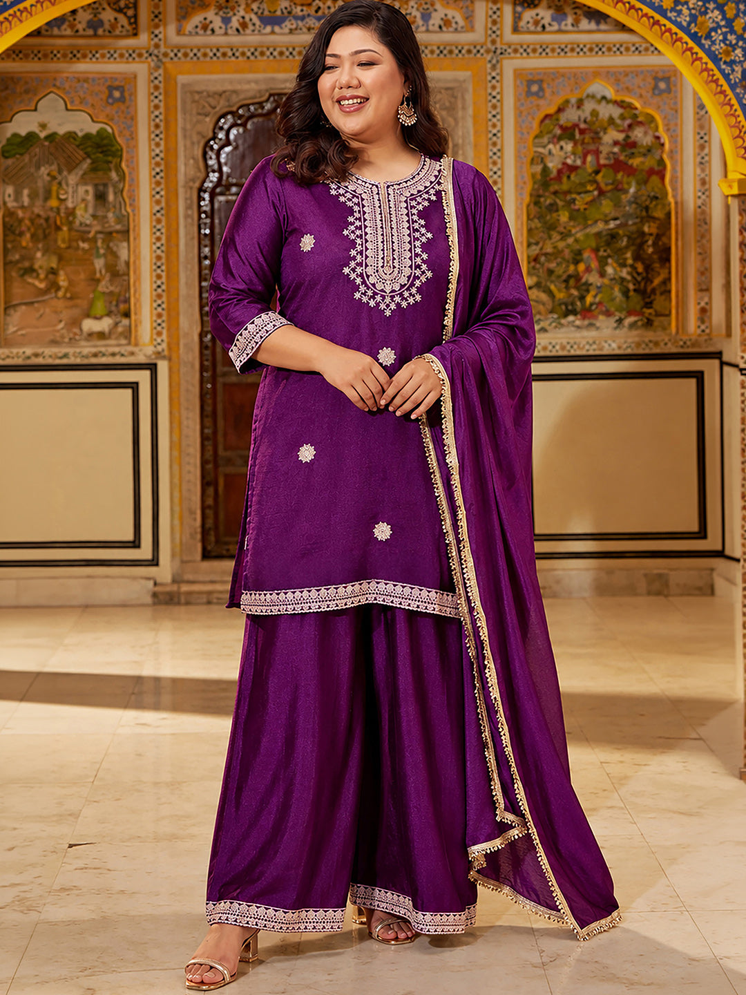 Janasya Women's Plus Size Purple Silk Blend Floral Zari Embroidered Straight Kurta with Palazzo And Dupatta Set