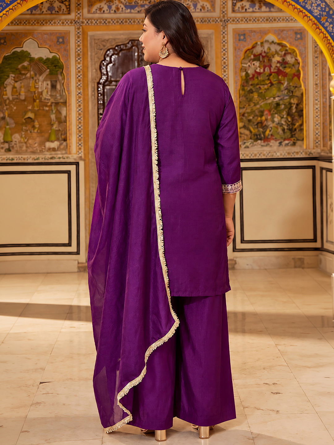 Janasya Women's Plus Size Purple Silk Blend Floral Zari Embroidered Straight Kurta with Palazzo And Dupatta Set