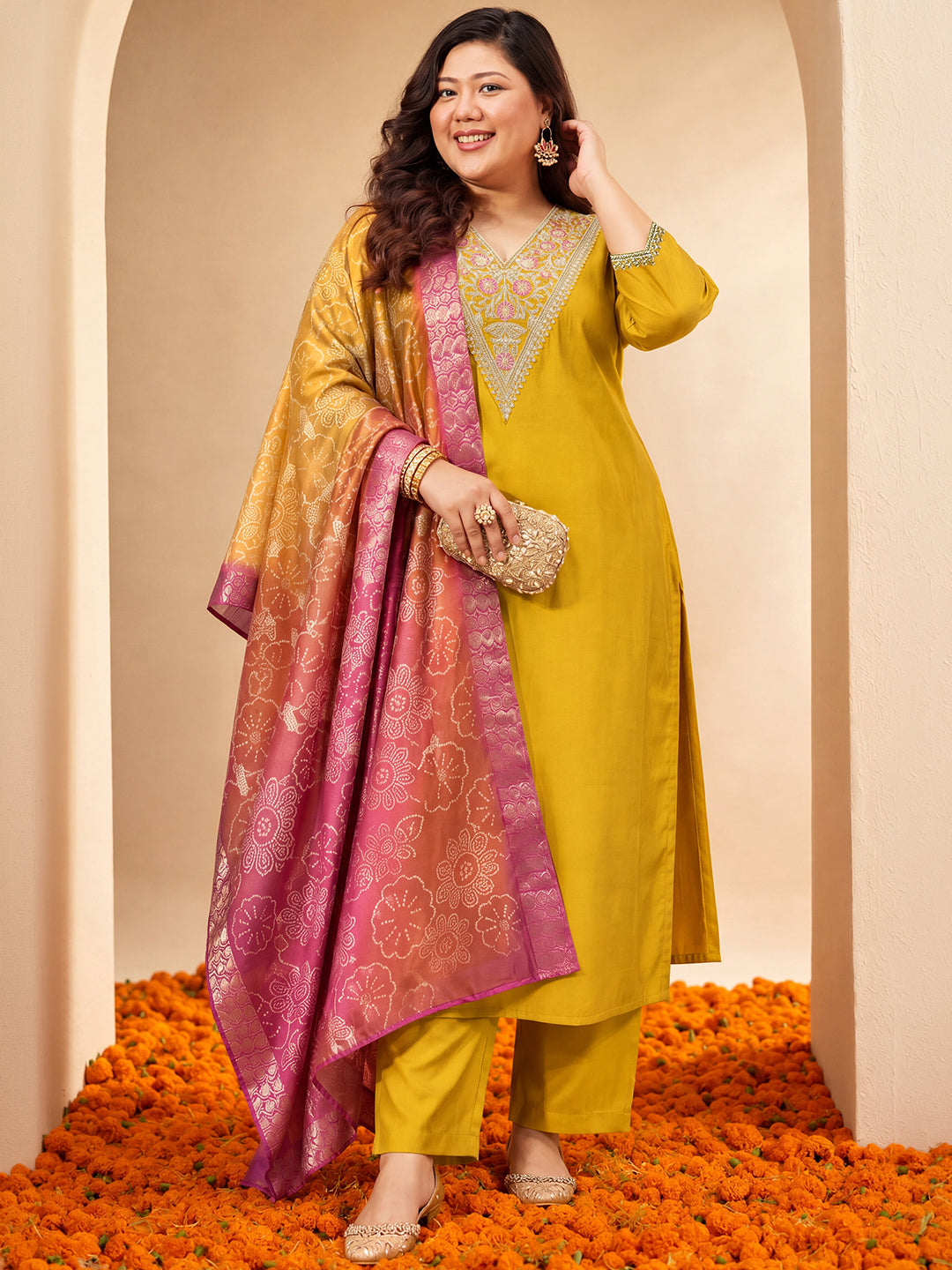 Janasya Women's Plus Size Mustard Chanderi Silk Floral Yoke Embroidered Straight Kurta Set with Bandhani Printed Dupatta