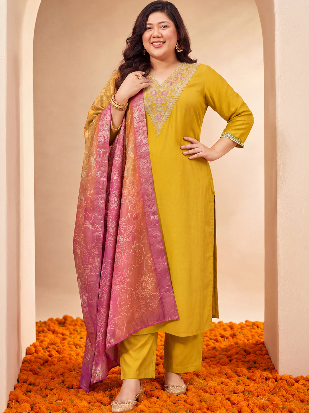 Janasya Women's Plus Size Mustard Chanderi Silk Floral Yoke Embroidered Straight Kurta Set with Bandhani Printed Dupatta