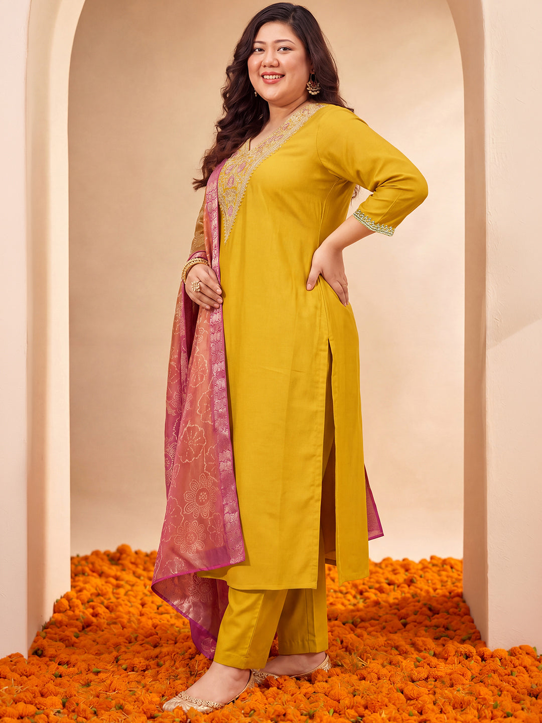 Janasya Women's Plus Size Mustard Chanderi Silk Floral Yoke Embroidered Straight Kurta Set with Bandhani Printed Dupatta