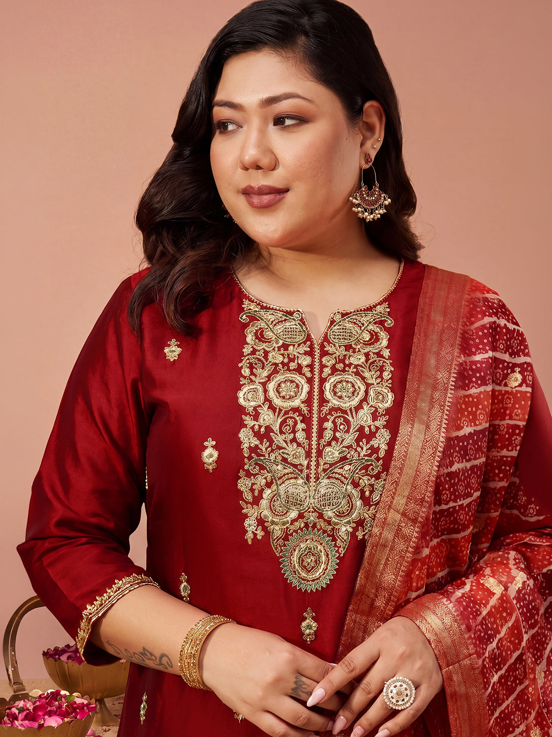 Janasya Women's Plus Size Maroon Chanderi Silk Floral Zari Embroidered Straight Kurta Set with Bandhani Printed Dupatta