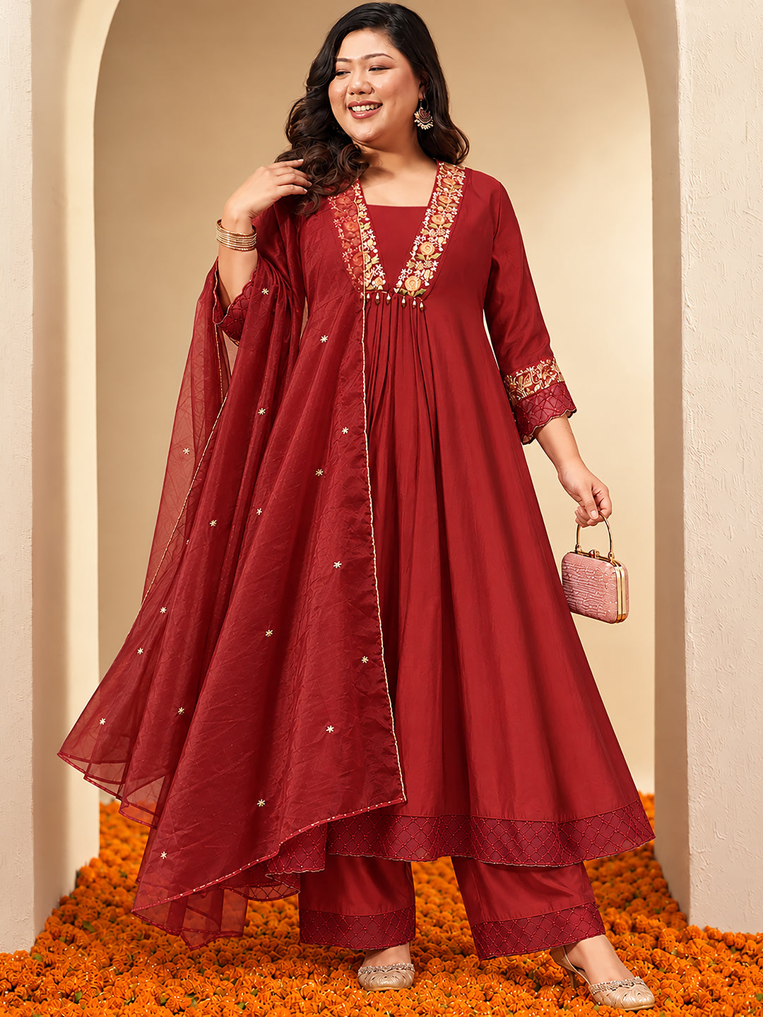 Janasya Women's Plus Size Maroon Chanderi Silk Floral Yoke Embroidered A-Line Kurta Set