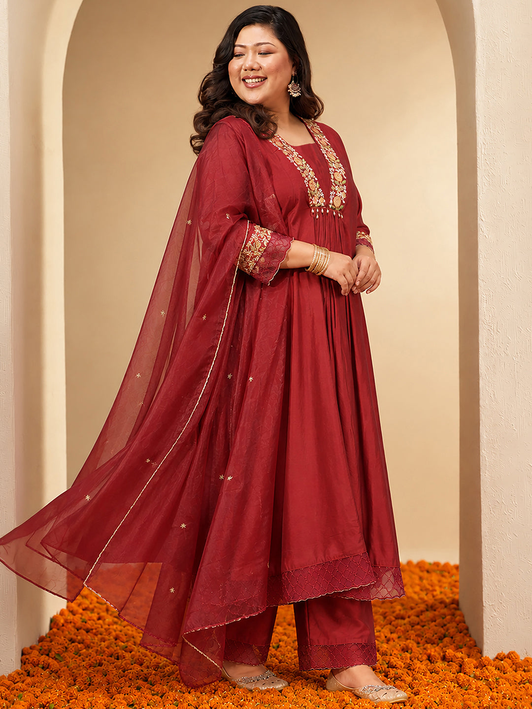 Janasya Women's Plus Size Maroon Chanderi Silk Floral Yoke Embroidered A-Line Kurta Set